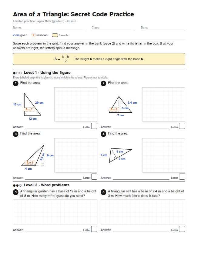 Page 1 of the worksheet: Area of a triangle worksheet