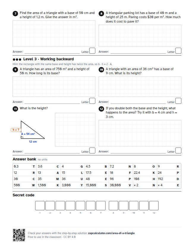 Page 2 of the worksheet: Area of a triangle worksheet
