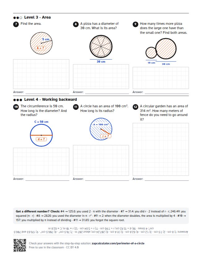 Page 2 of the worksheet: Circle worksheet: radius, diameter, circumference and area