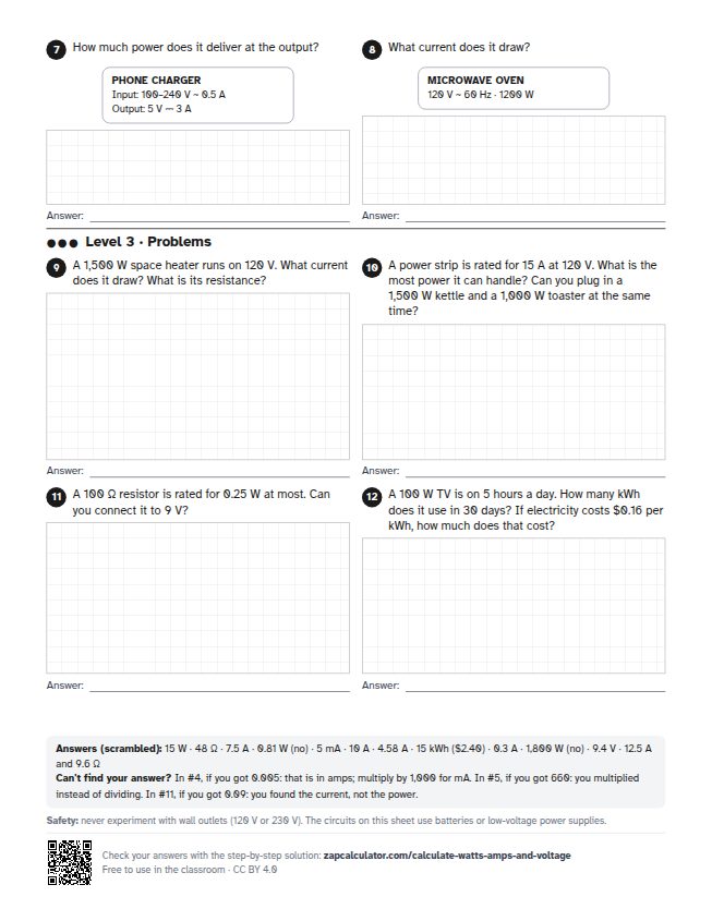 Page 2 of the worksheet: Ohm's law and power worksheet: electricity at home and in the car
