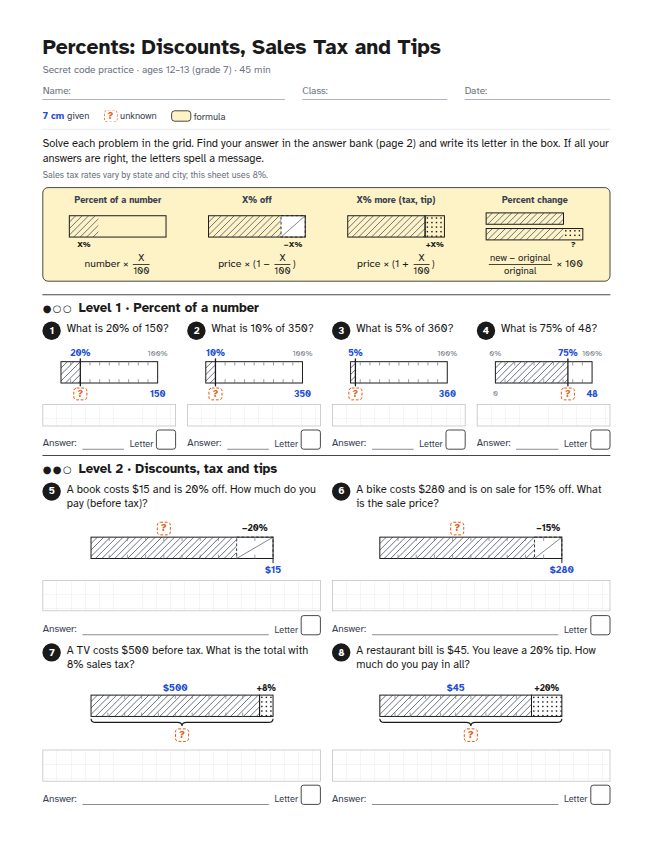 Page 1 of the worksheet: Percent worksheet: discounts, sales tax and tips