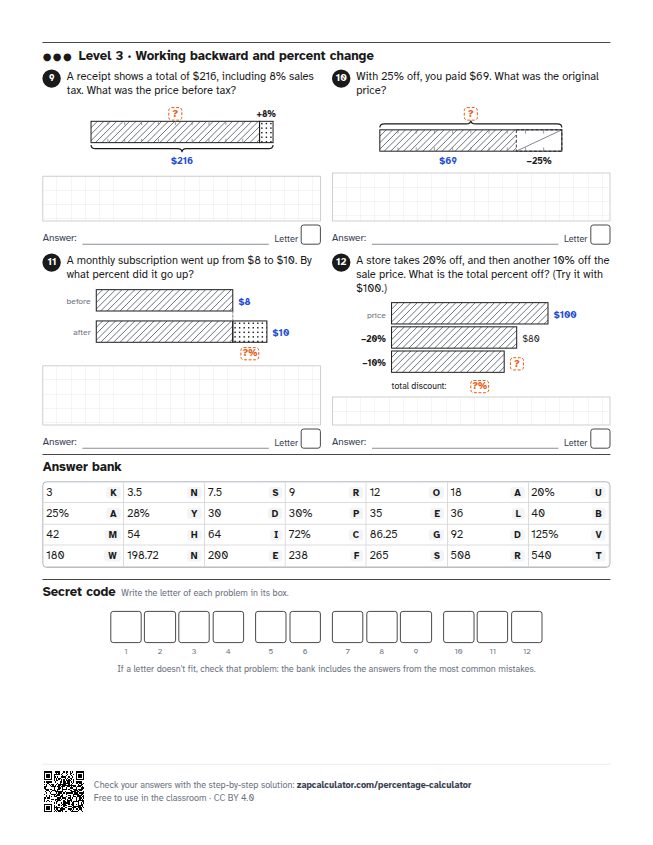 Page 2 of the worksheet: Percent worksheet: discounts, sales tax and tips